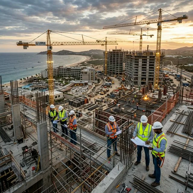 Engineers and project managers supervising a large international construction site