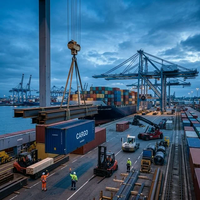 International shipping port with construction materials and cargo logistics supply chain