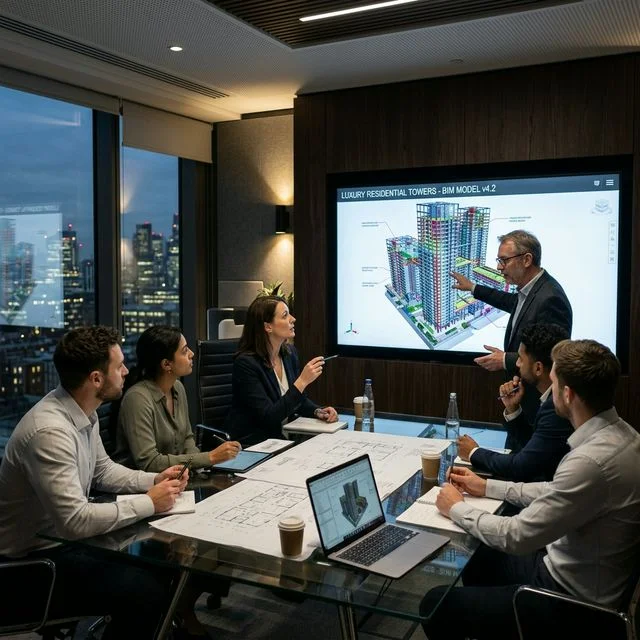 Professional engineers reviewing BIM model in a project management consultancy meeting